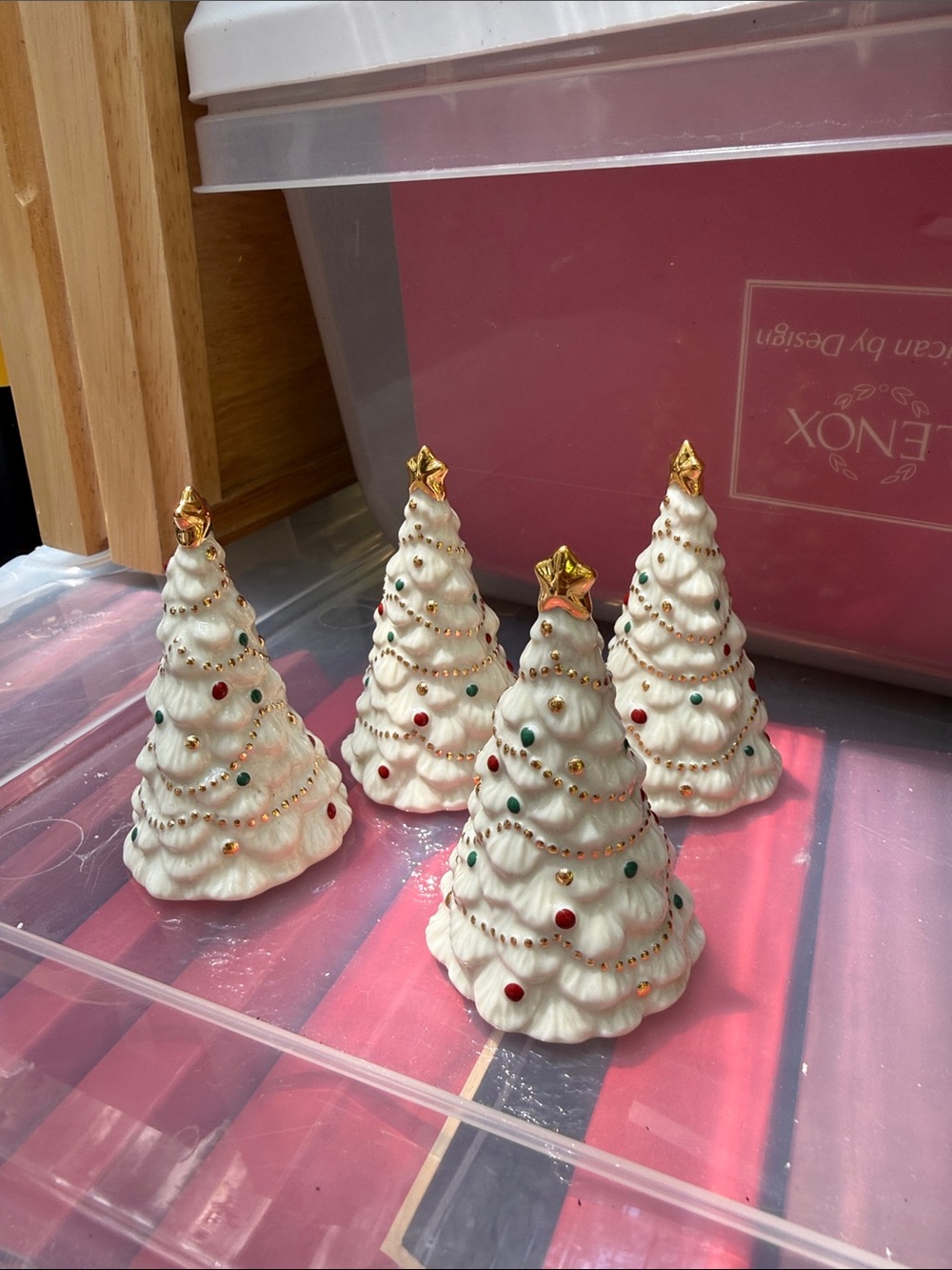 Set of 4 White Ceramic Miniature Christmas Trees with Gold Stars